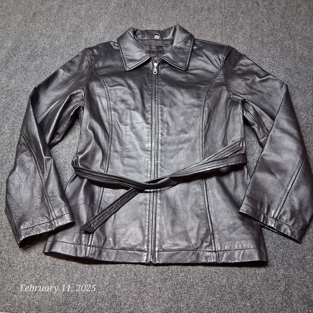 Jacqueline Ferrar Soft Leather Belted Jacket Women Size Medium Black